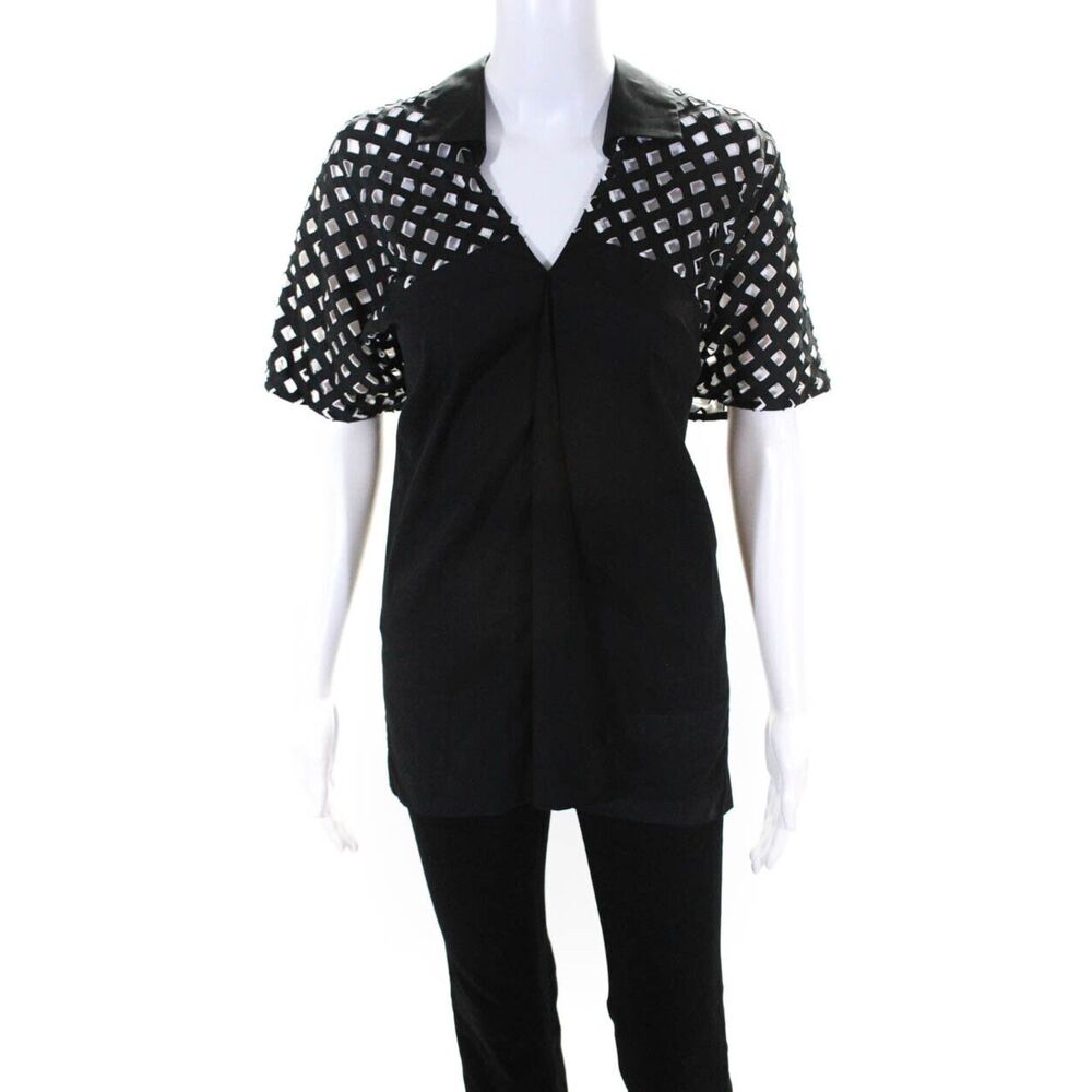 ROLAND MOURET Womens Top Size 6 Black Pullover Collared Vneck Perforated Shirt